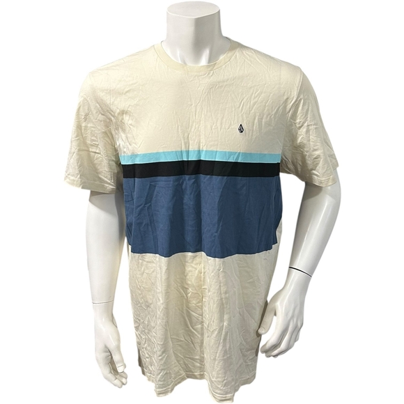 Volcom Men’s T-Shirt Beige Blue Striped XL New - Picture 1 of 8